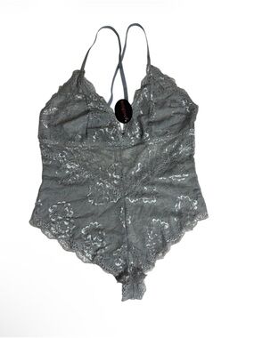 NWT gray silver lace floral bodysuit lingerie teddy size XL